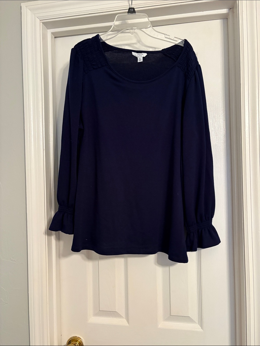 crown & ivy navy long sleeve scoop neck top with ruffle cuffs